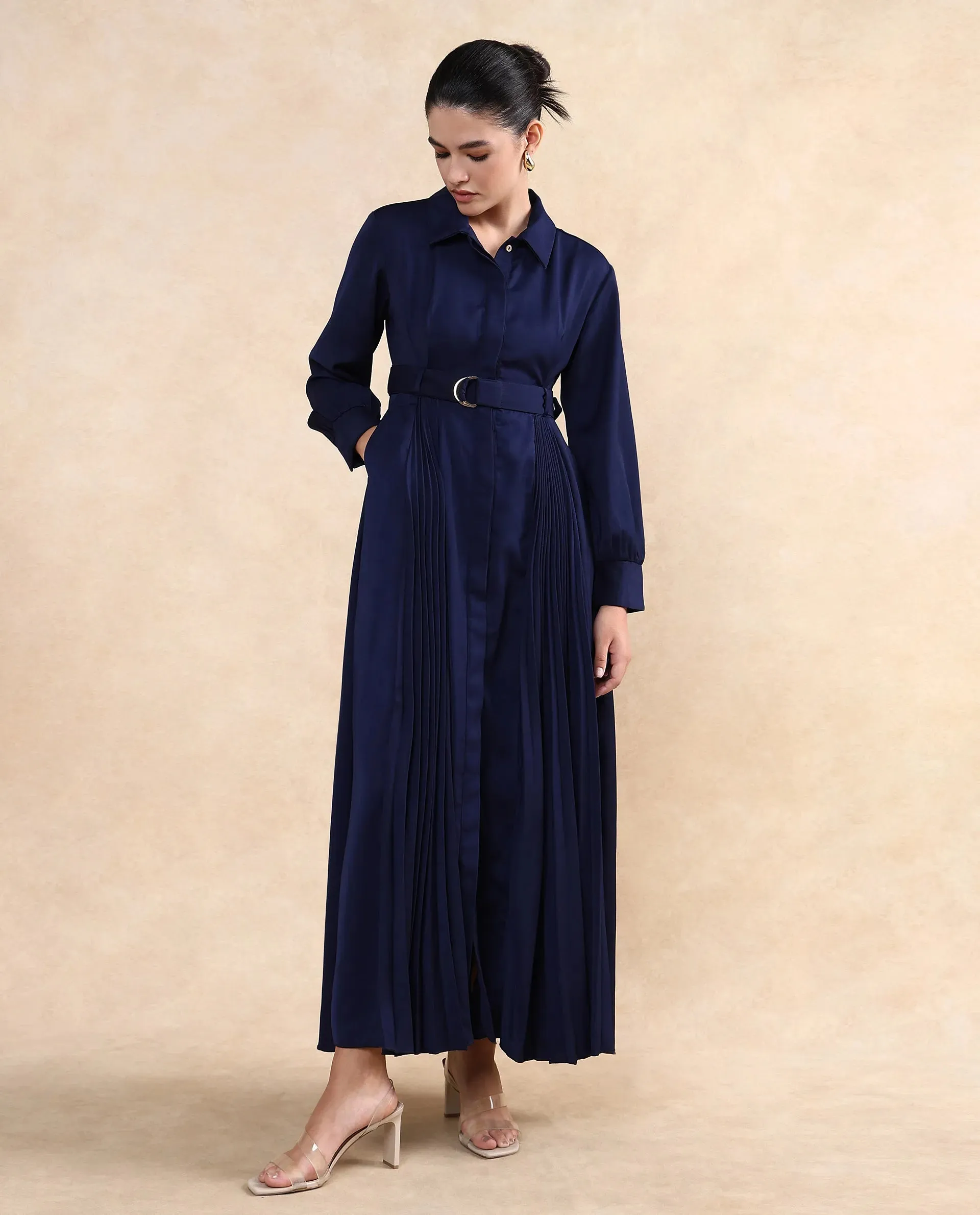 Rareism Women Vanadzor Navy Satin Bishop Sleeve Collared Neck Button Closure Flared Fit Maxi Plain Dress