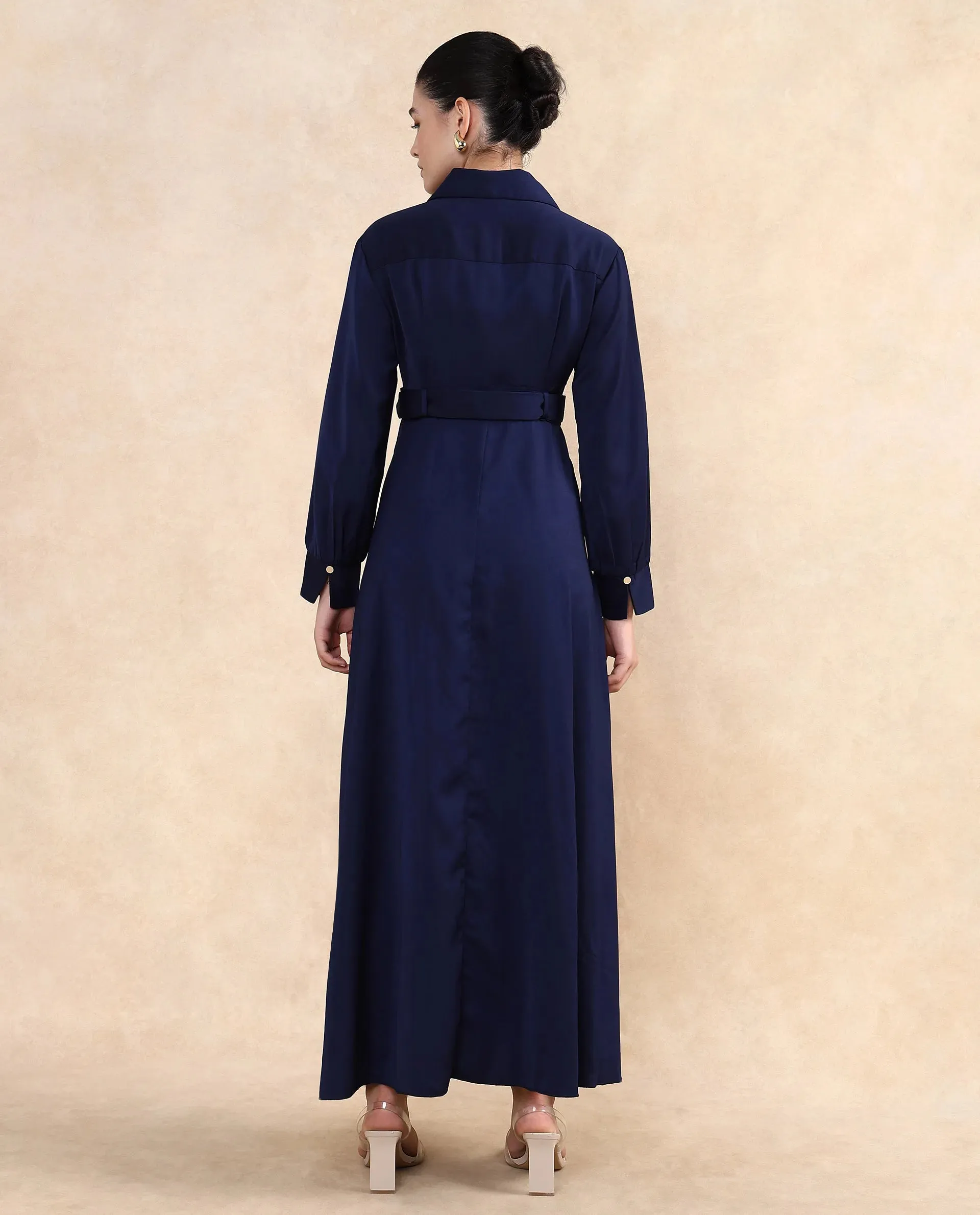 Rareism Women Vanadzor Navy Satin Bishop Sleeve Collared Neck Button Closure Flared Fit Maxi Plain Dress