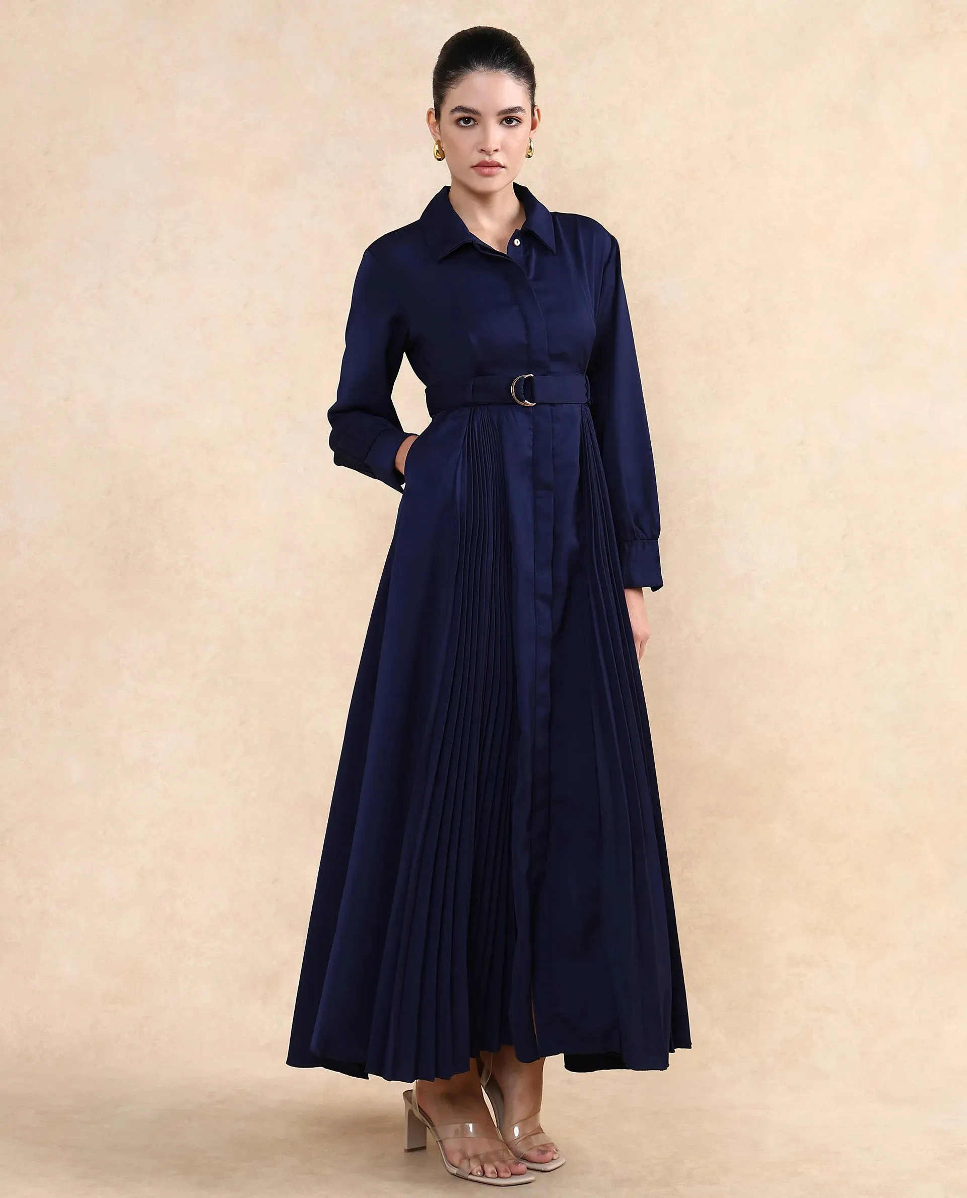 Rareism Women Vanadzor Navy Satin Bishop Sleeve Collared Neck Button Closure Flared Fit Maxi Plain Dress