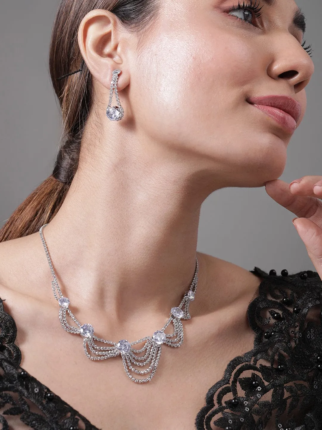 Rhodium Plated AD & Cubic Zirconia Studded Layered Statement Necklace Set