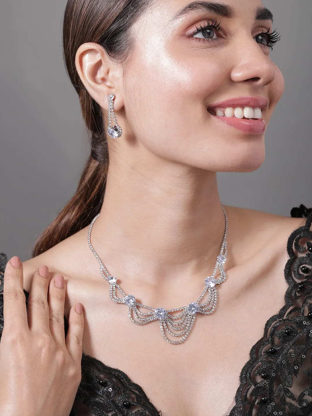 Rhodium Plated AD & Cubic Zirconia Studded Layered Statement Necklace Set