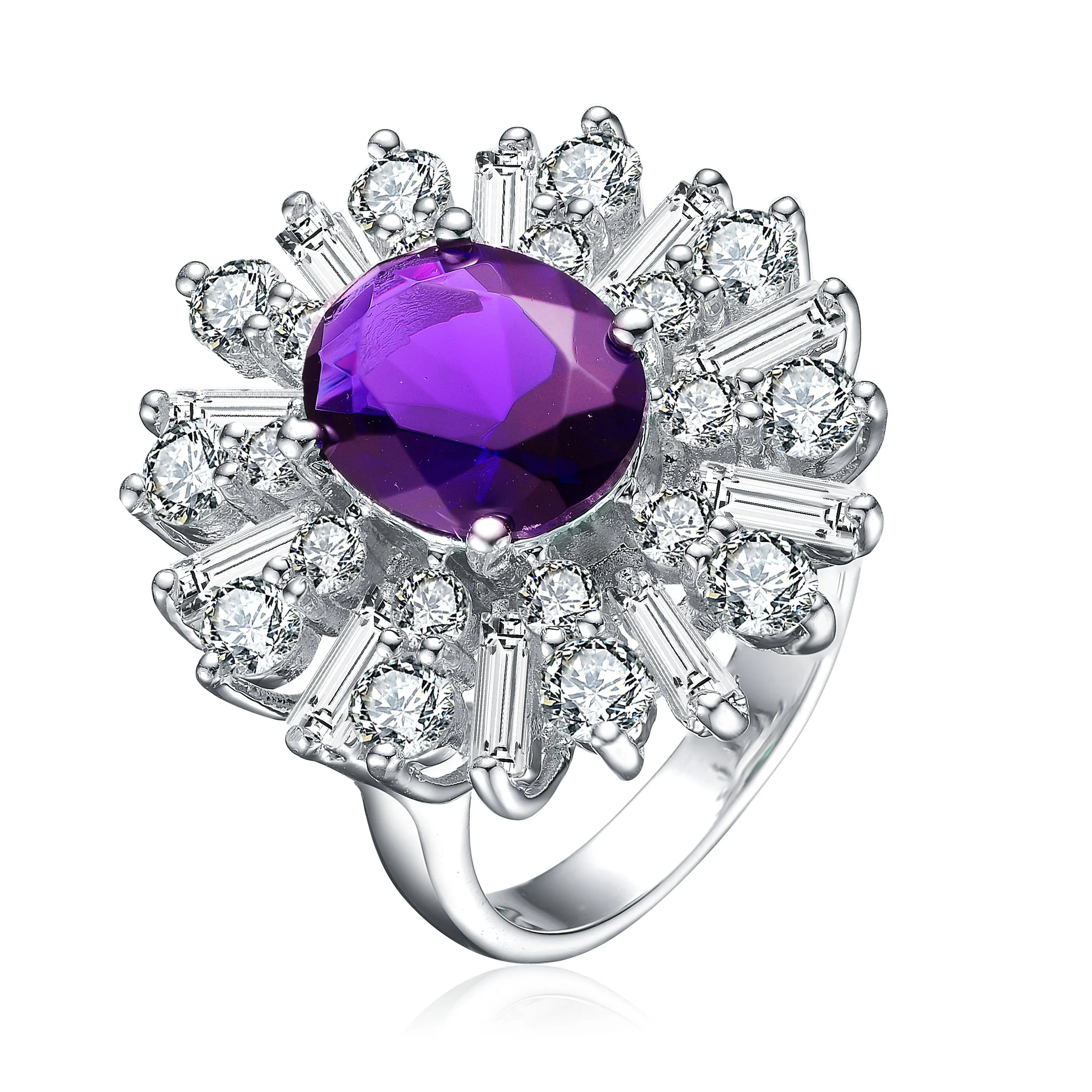 Rhodium-Plated Amethyst and Cubic Zirconia Ring