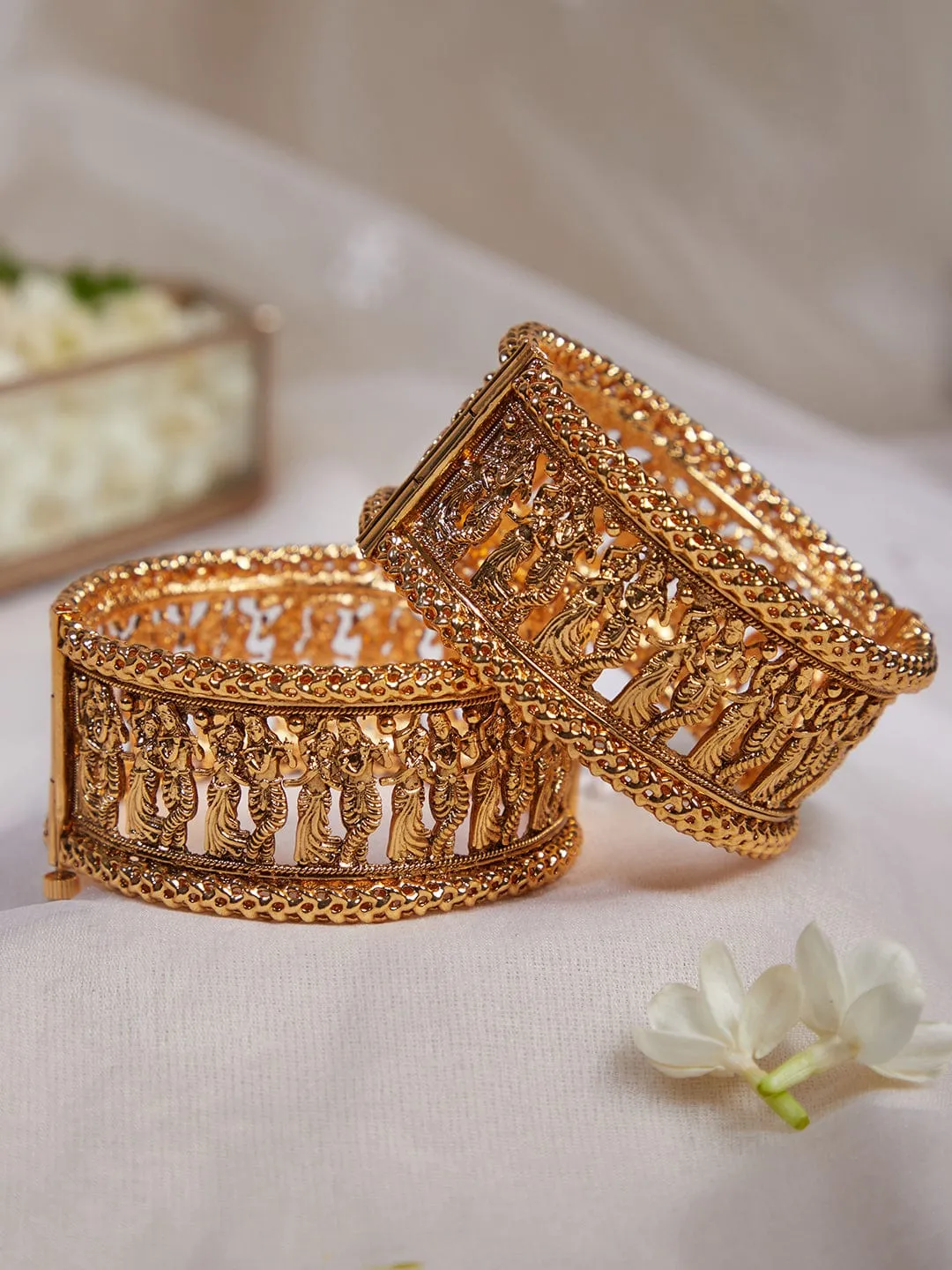 Rubans 24k Gold Plated Set Of 2 Broad Bangles With God and Goddess Design