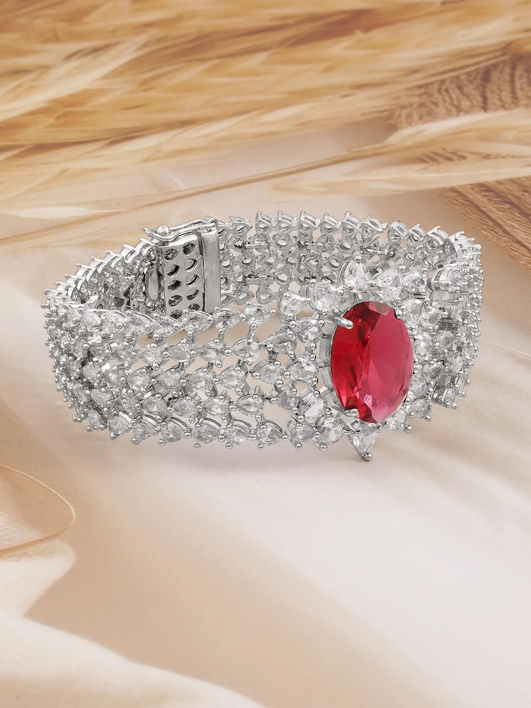 Rubans Rhodium-Plated Ruby Red & White Cubic Zirconia Luxurious Bracelet