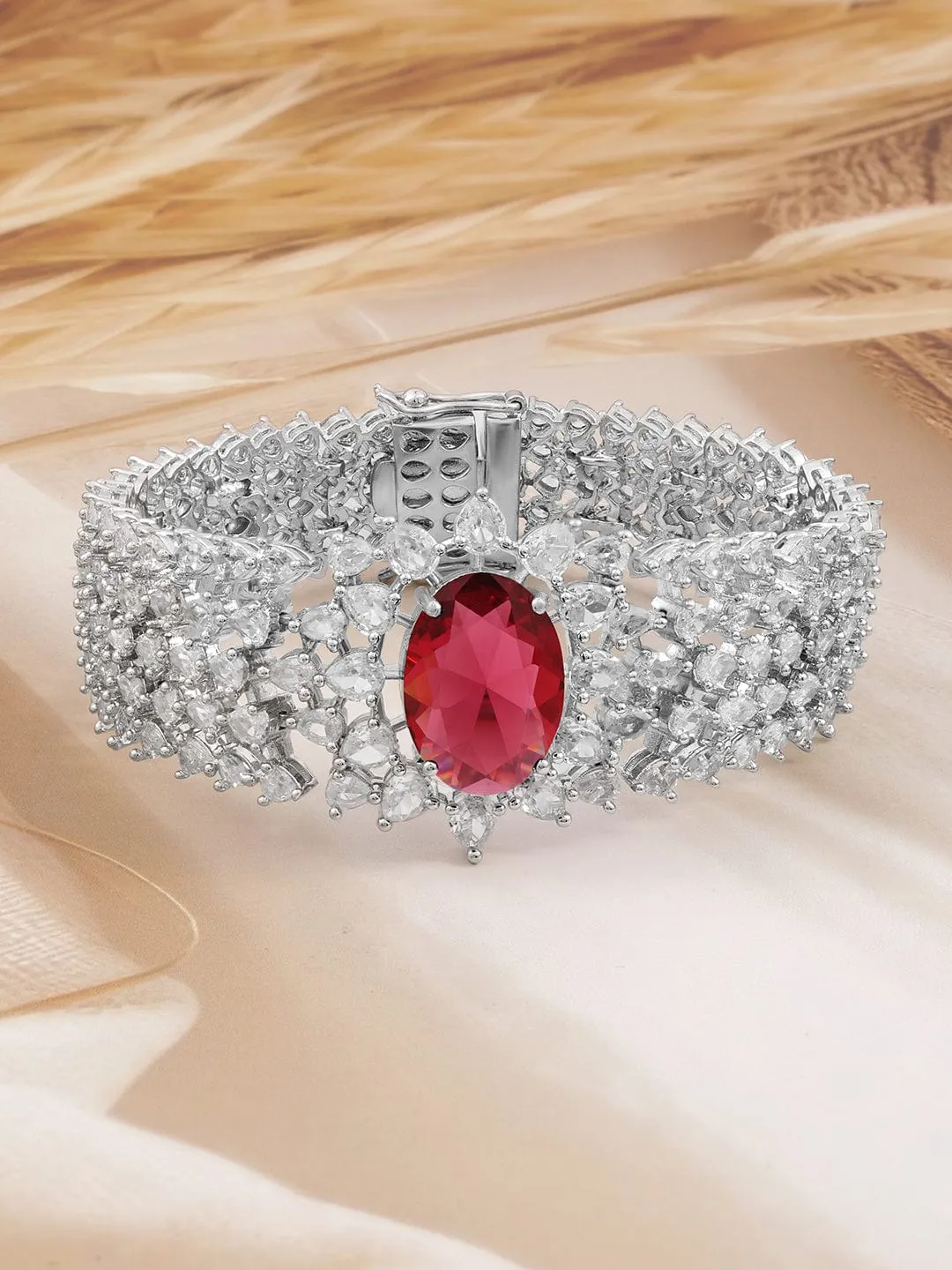 Rubans Rhodium-Plated Ruby Red & White Cubic Zirconia Luxurious Bracelet