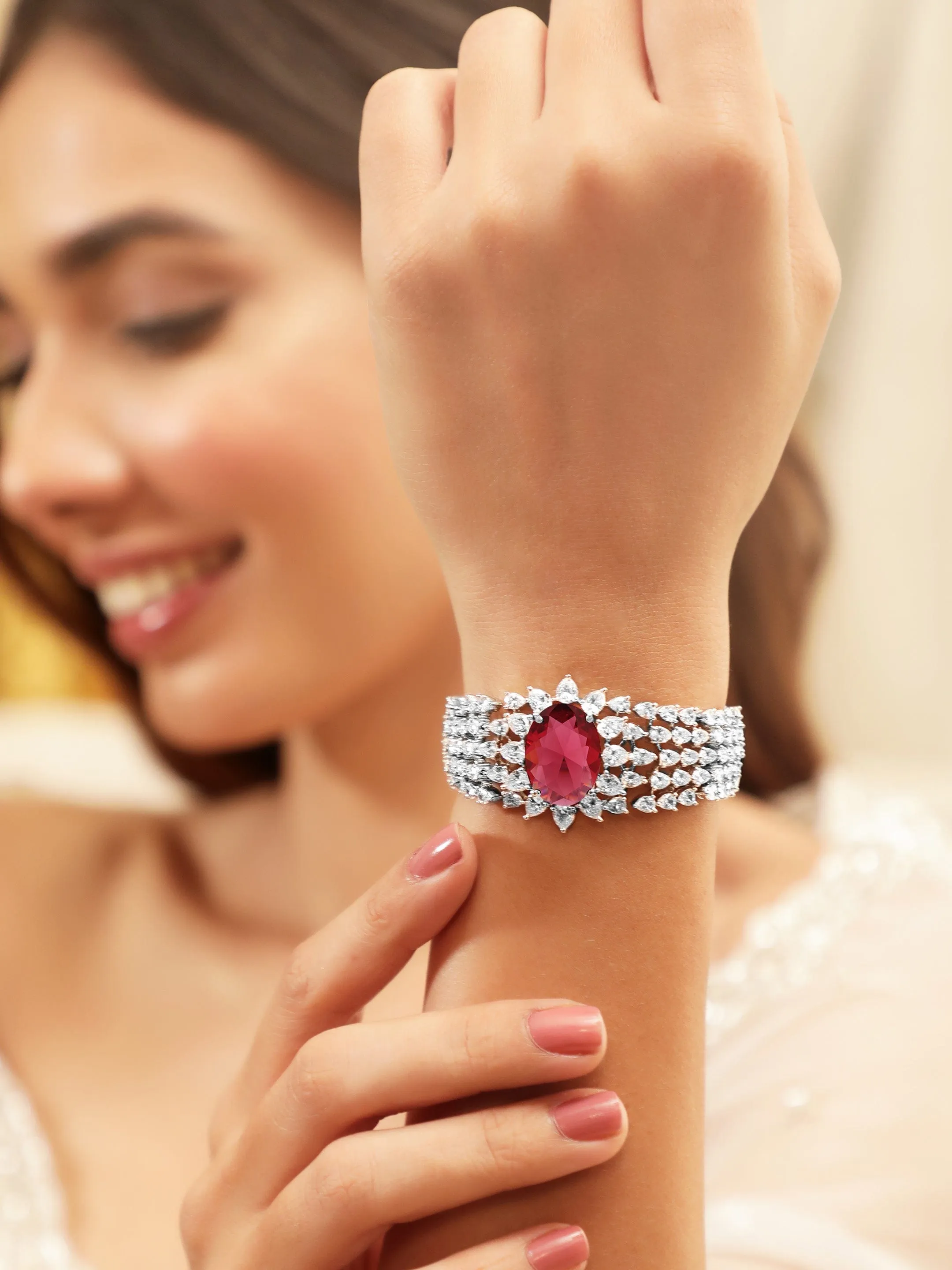 Rubans Rhodium-Plated Ruby Red & White Cubic Zirconia Luxurious Bracelet