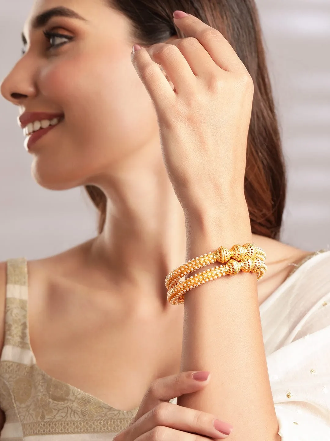 Rubans Set Of 2 Gold-Plated  White Pearls-Studded Handcrafted Bangles