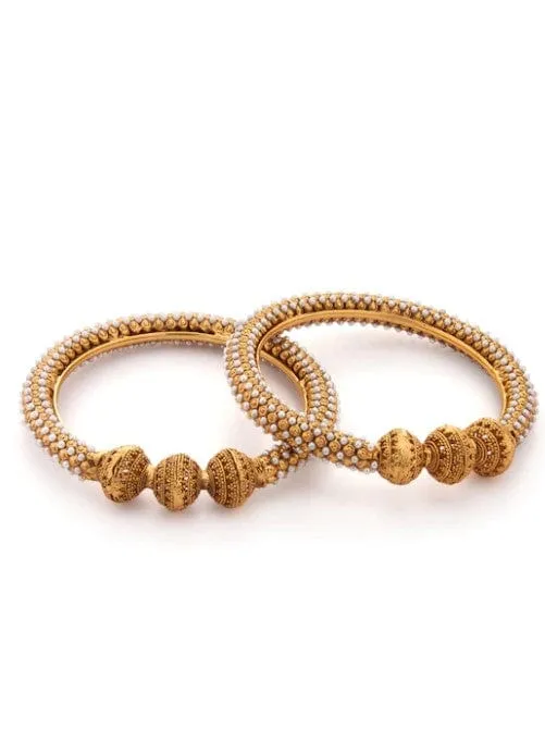 Rubans Set Of 2 Gold-Plated  White Pearls-Studded Handcrafted Bangles