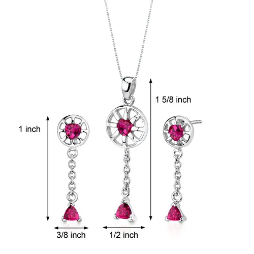 Ruby Pendant Earrings Set Sterling Silver