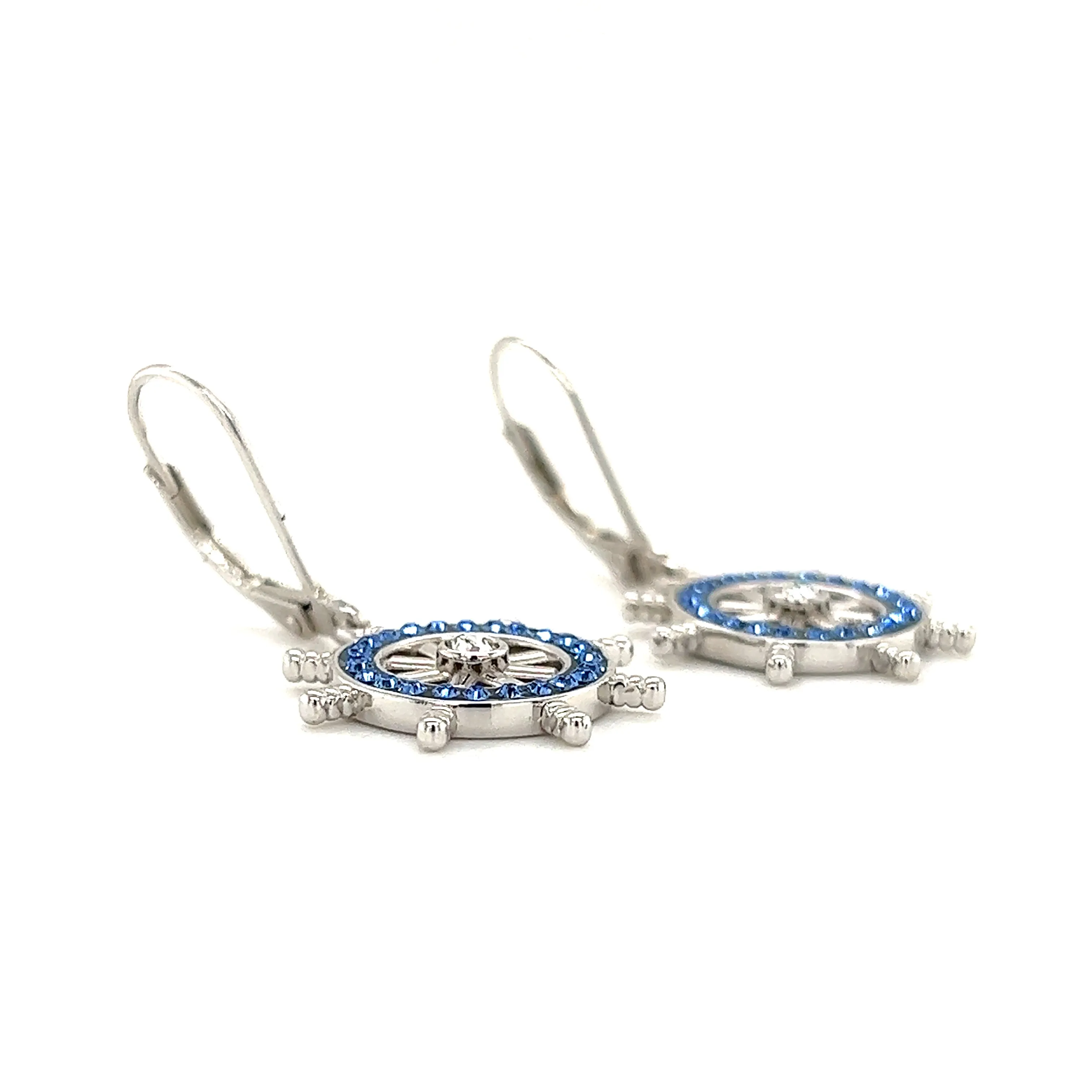 Ship's Wheel Dangle Earrings with Blue and White Crystals in Sterling Silver