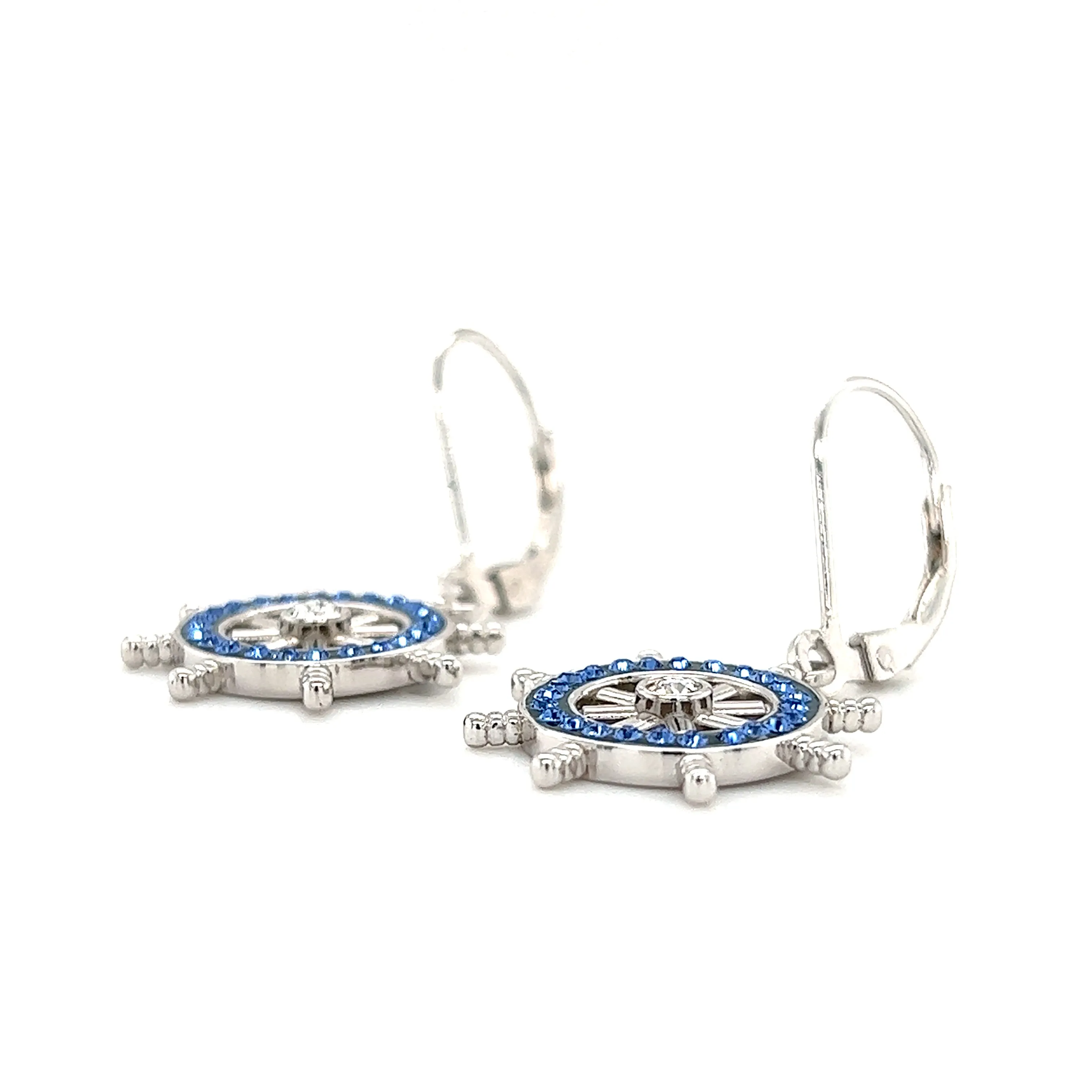 Ship's Wheel Dangle Earrings with Blue and White Crystals in Sterling Silver