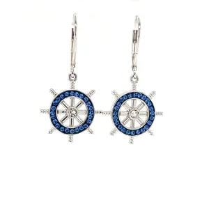 Ship's Wheel Dangle Earrings with Blue and White Crystals in Sterling Silver