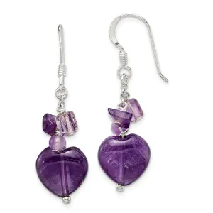 Silver Genuine Amethyst Heart Dangle Earrings