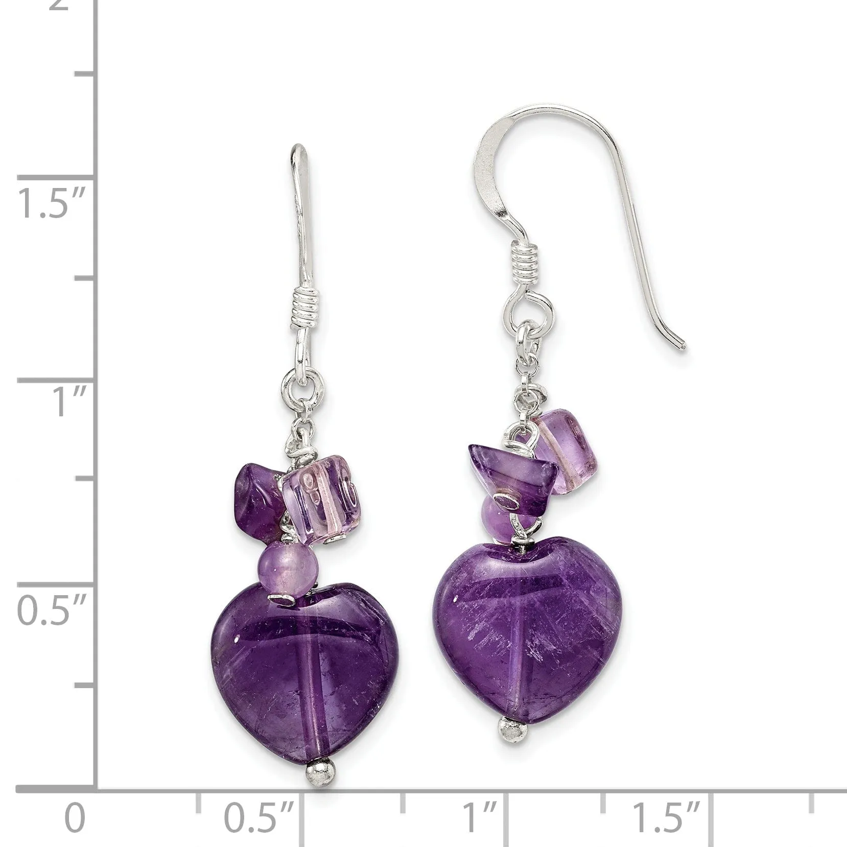 Silver Genuine Amethyst Heart Dangle Earrings