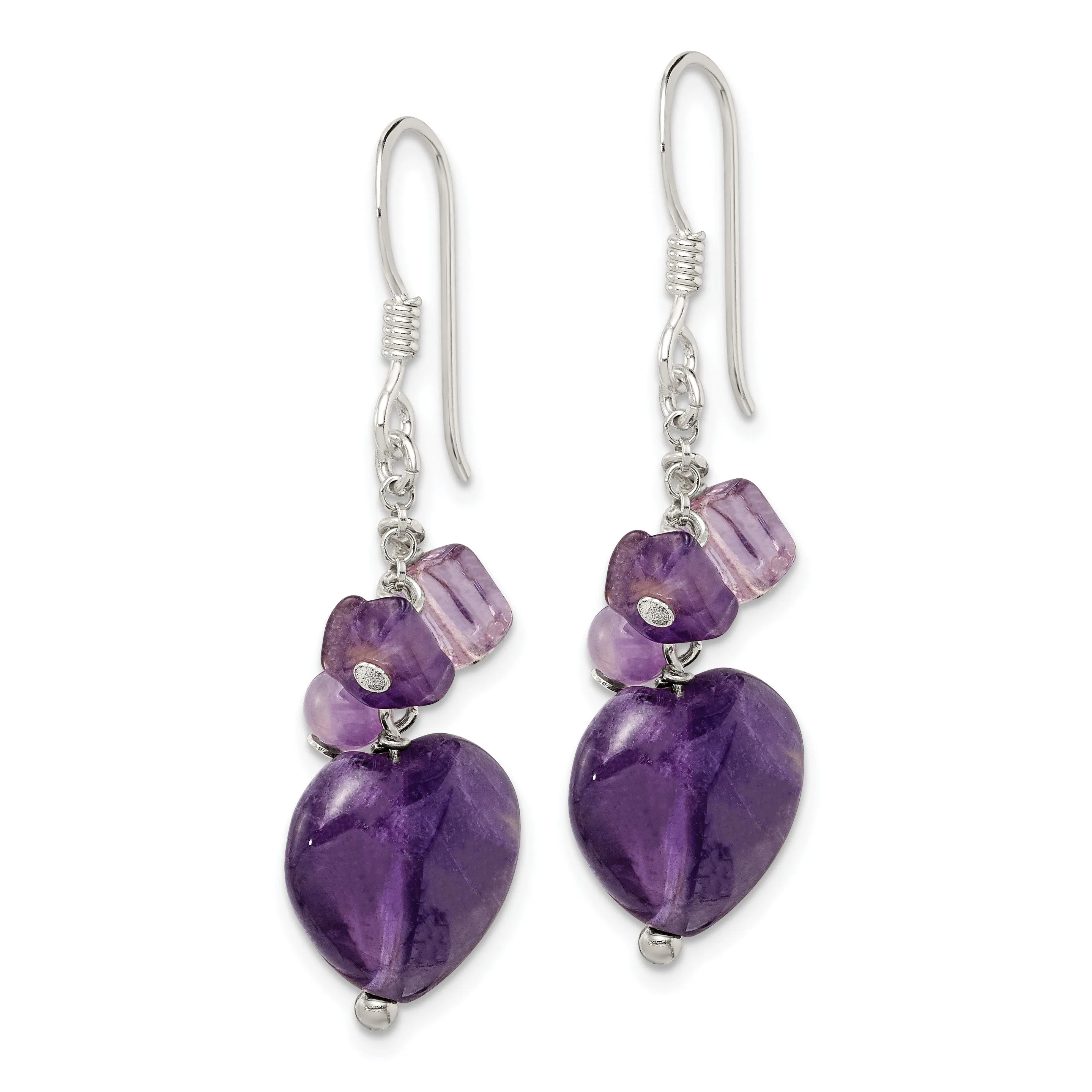 Silver Genuine Amethyst Heart Dangle Earrings