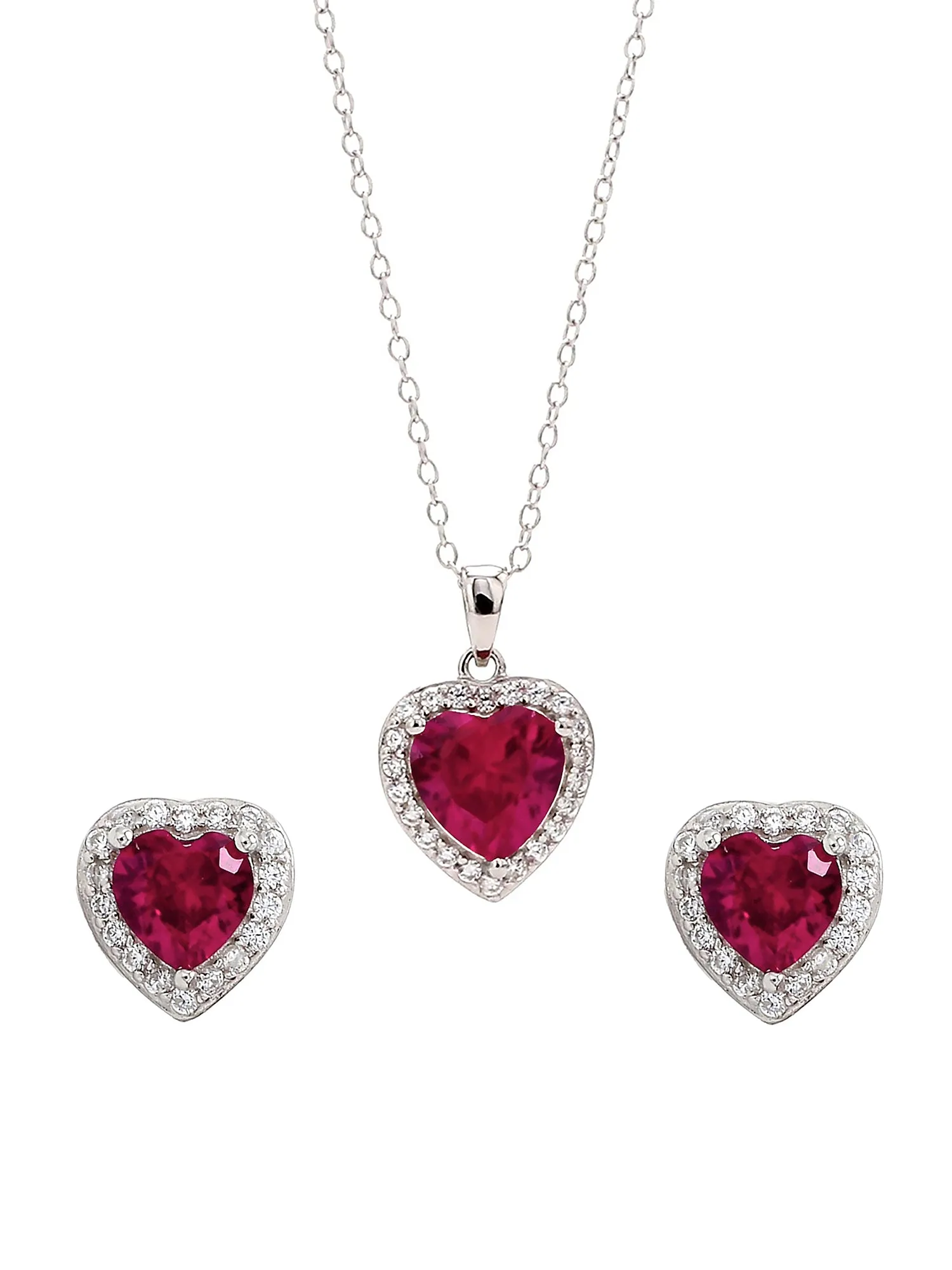 Silver Heart Shaped Ruby Pendant And Earrings