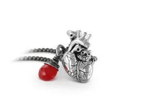 Small Anatomical Heart Necklace with Ruby - Silver