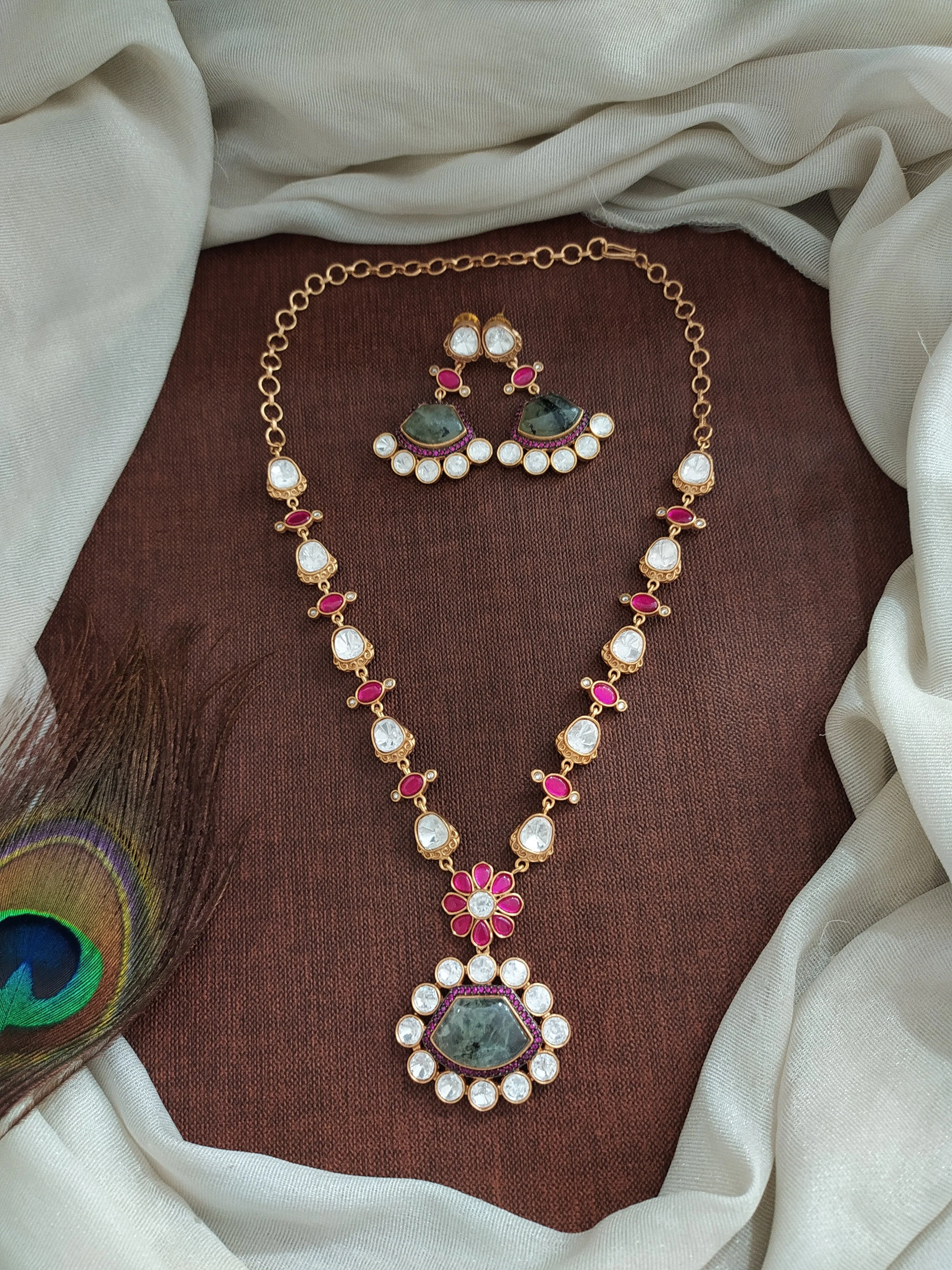 Statement Necklace Set with Real-Look Gemstones – Moissanite, Quartz, and Jadau Kundan Stones