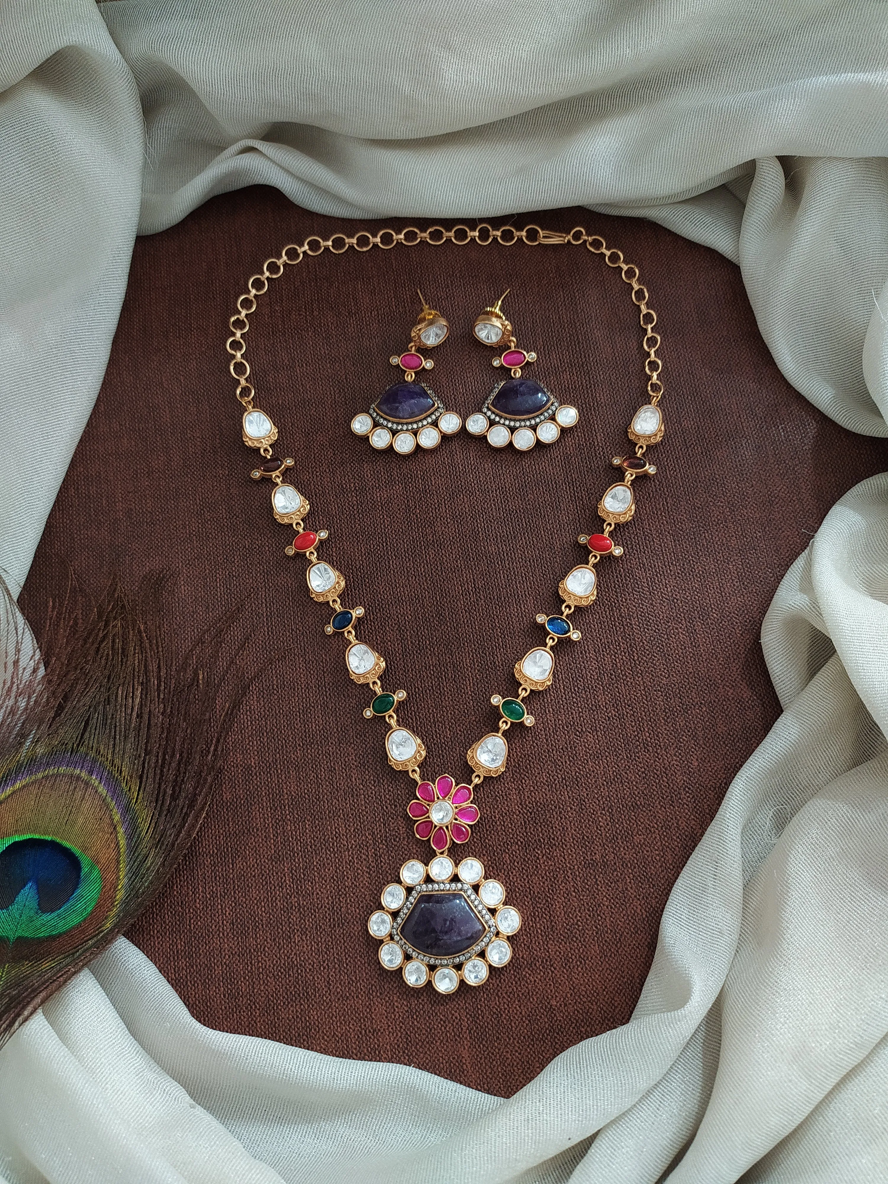 Statement Necklace Set with Real-Look Gemstones – Moissanite, Quartz, and Jadau Kundan Stones