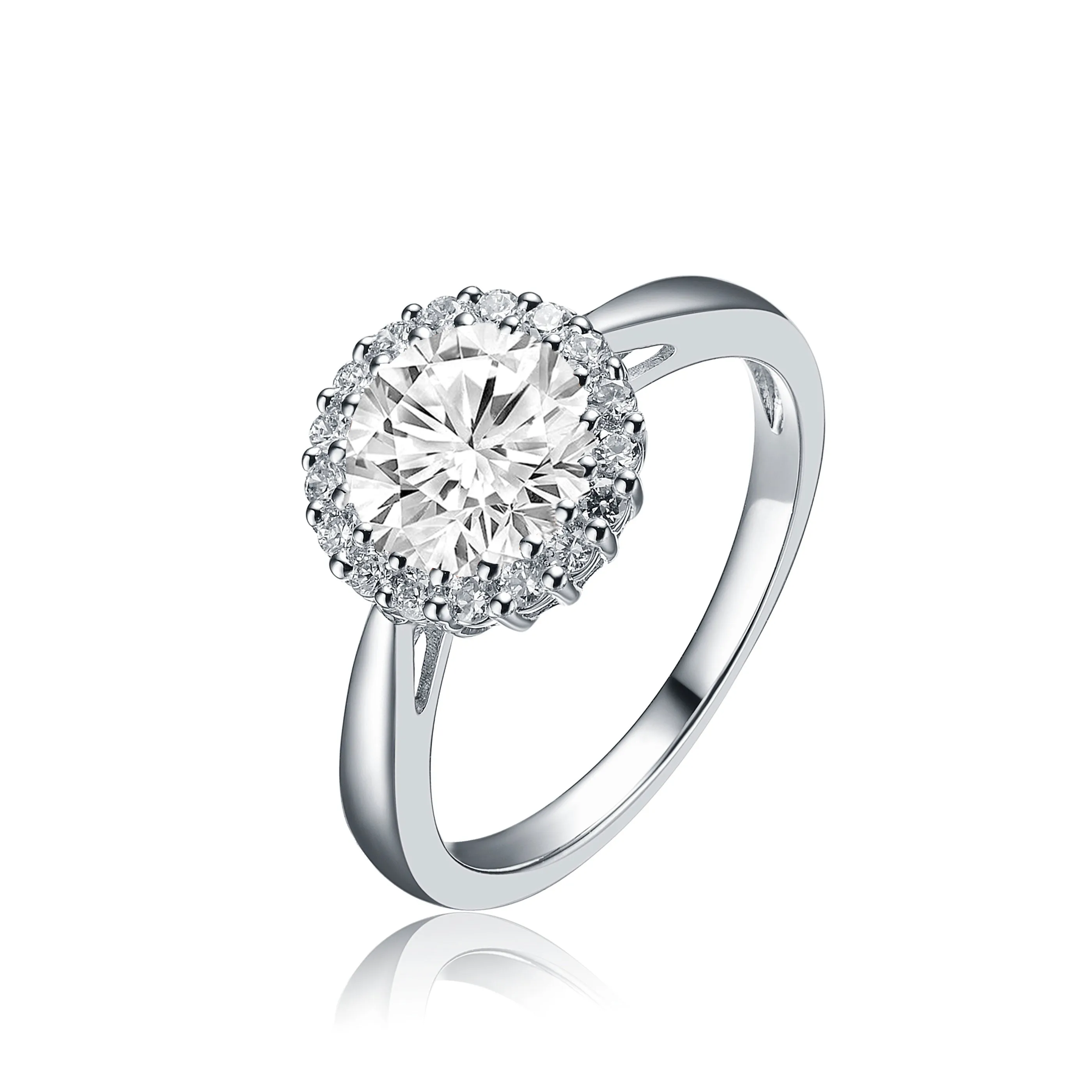 Sterling Silver White Gold Plated Halo Round Clear Cubic Zirconia Solitaire Ring