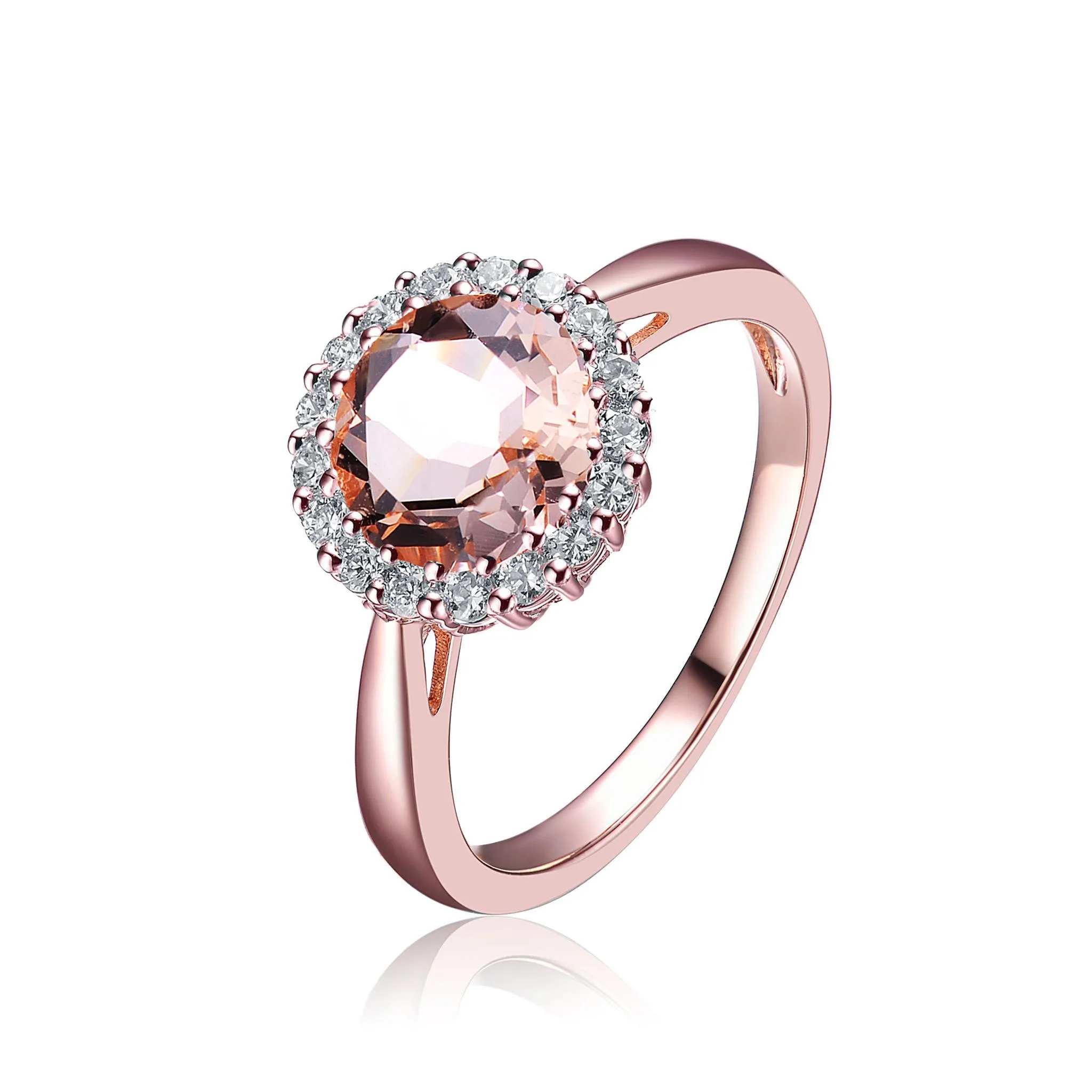 Sterling Silver with Rose Gold Plated Halo Round Morganite Pink Cubic Zirconia Solitaire Ring