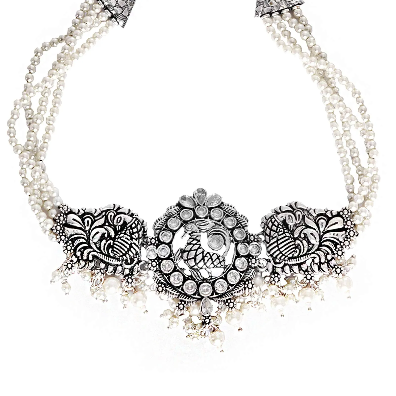 TEEJH Darshika Silver Oxidised Pearl Choker Necklace Set For Women