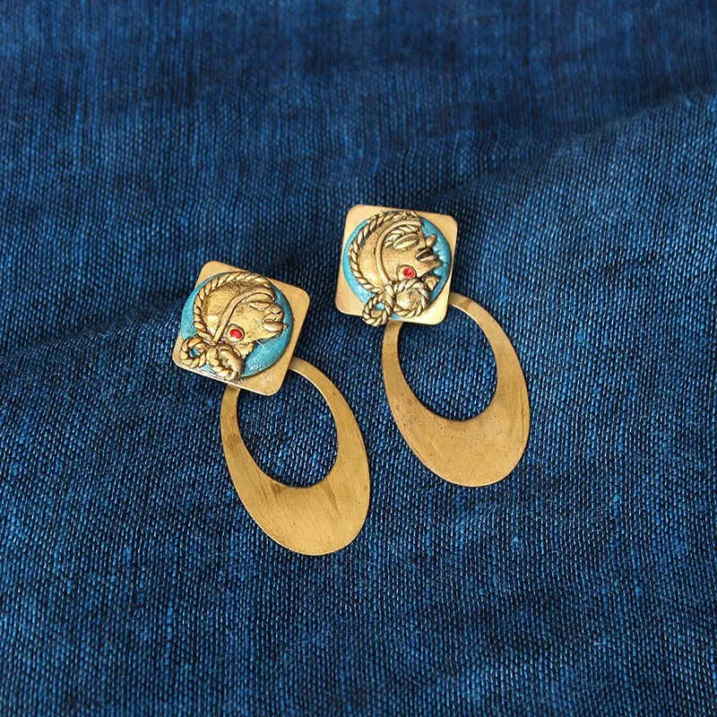 'Tribal Girl Faces' Bohemian Brass Earrings Handcrafted In Dhokra Art