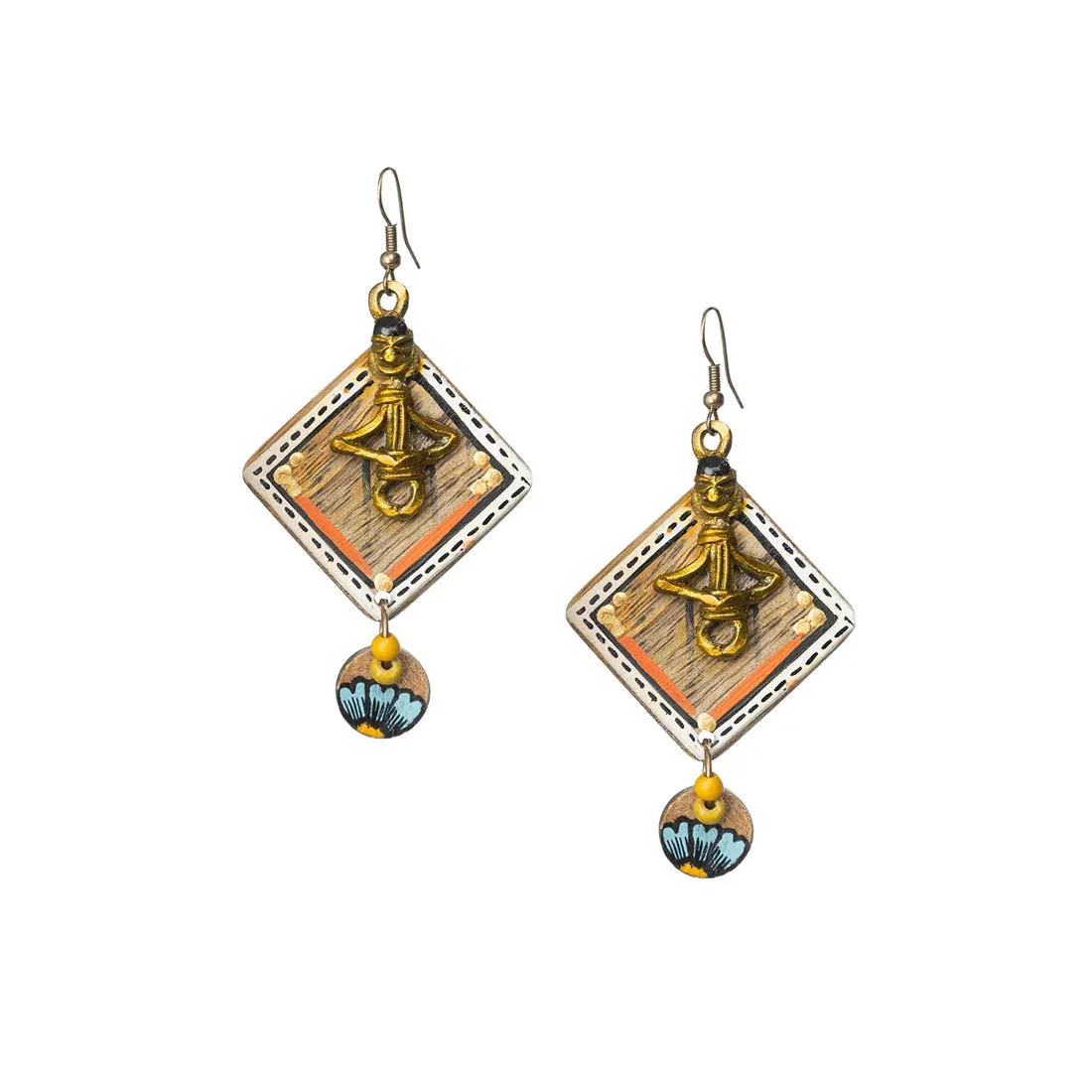 'Tribal Women' Bohemian Beaded Wooden & Brass Earrings (Dhokra Art, Handcrafted & Hand-Painted)