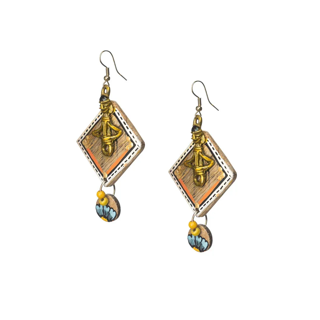 'Tribal Women' Bohemian Beaded Wooden & Brass Earrings (Dhokra Art, Handcrafted & Hand-Painted)