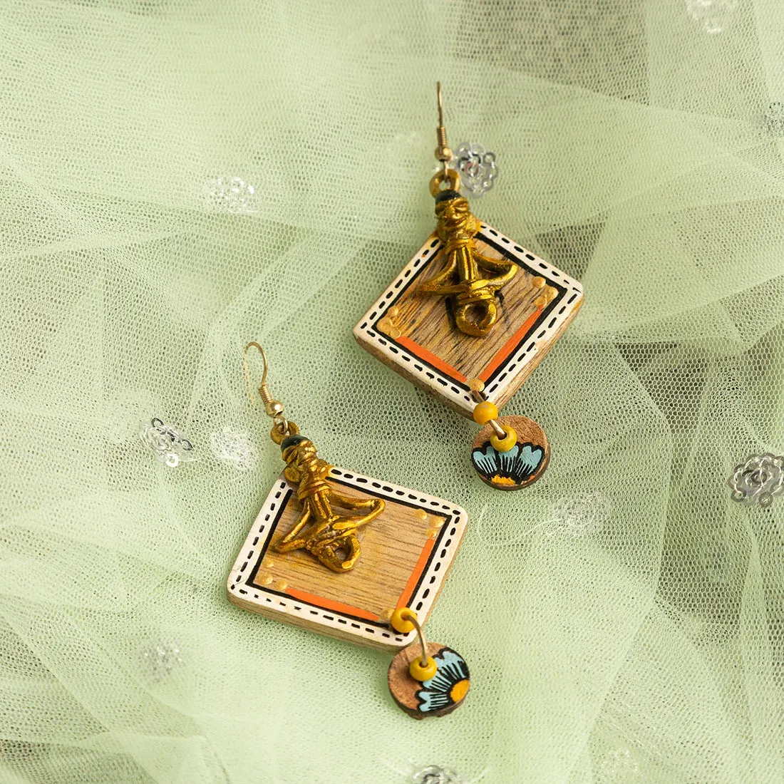 'Tribal Women' Bohemian Beaded Wooden & Brass Earrings (Dhokra Art, Handcrafted & Hand-Painted)