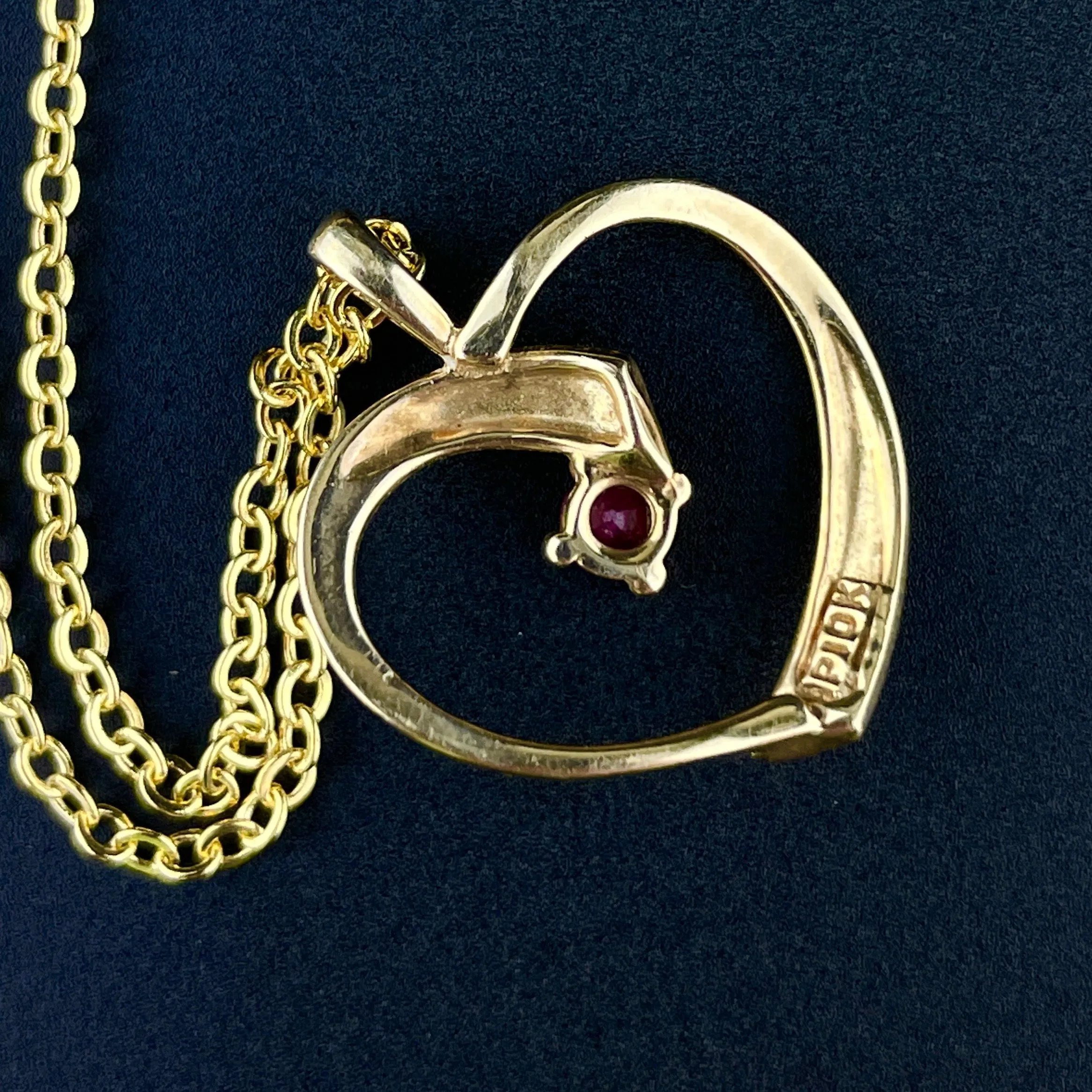 Vintage 10K Gold Heart Ruby Charm Pendant Necklace