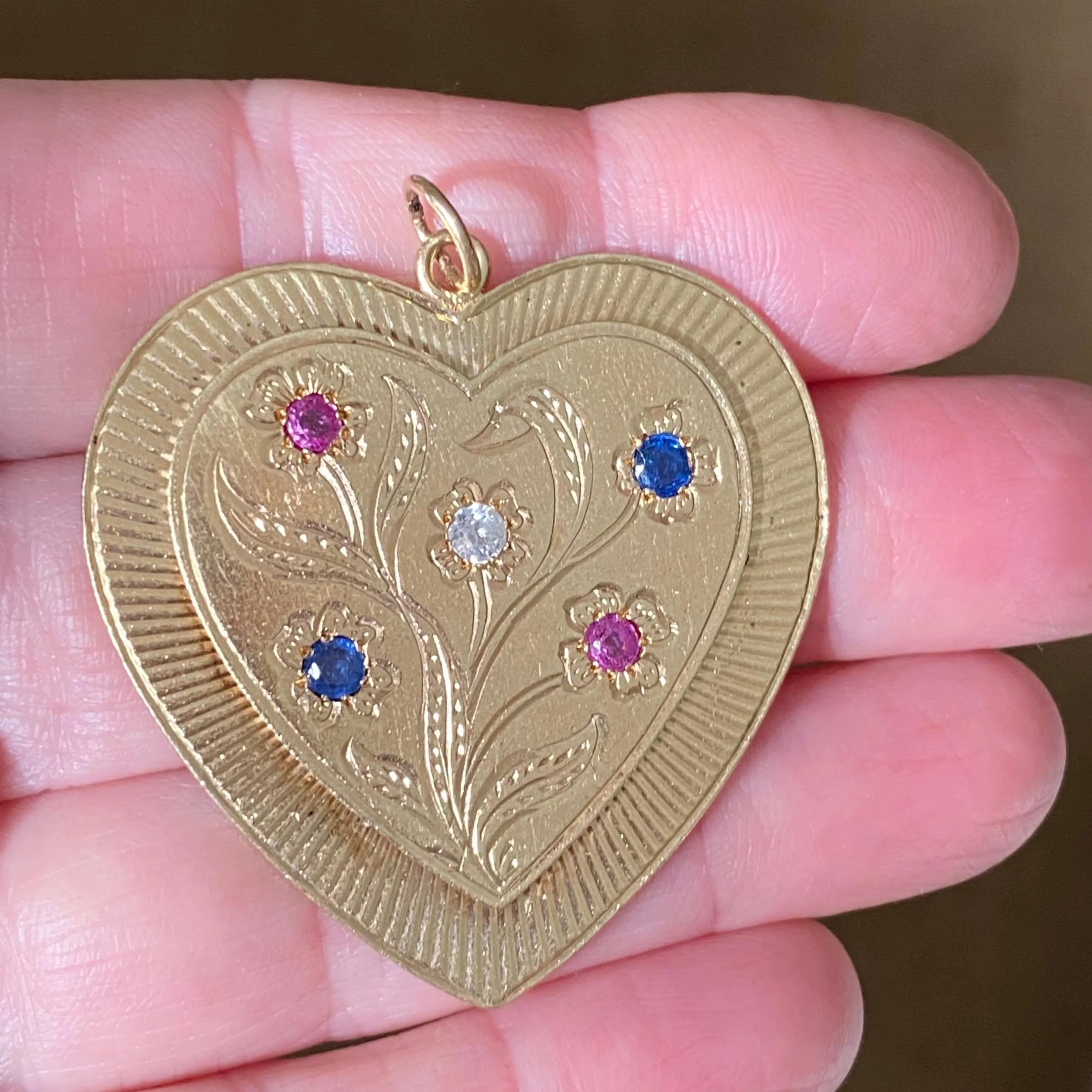 Vintage 14K Gold Large Engine Turn Heart Charm Pendant