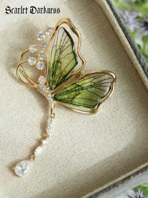 Vintage Secret Garden Green Butterfly Elf Tassel Brooch