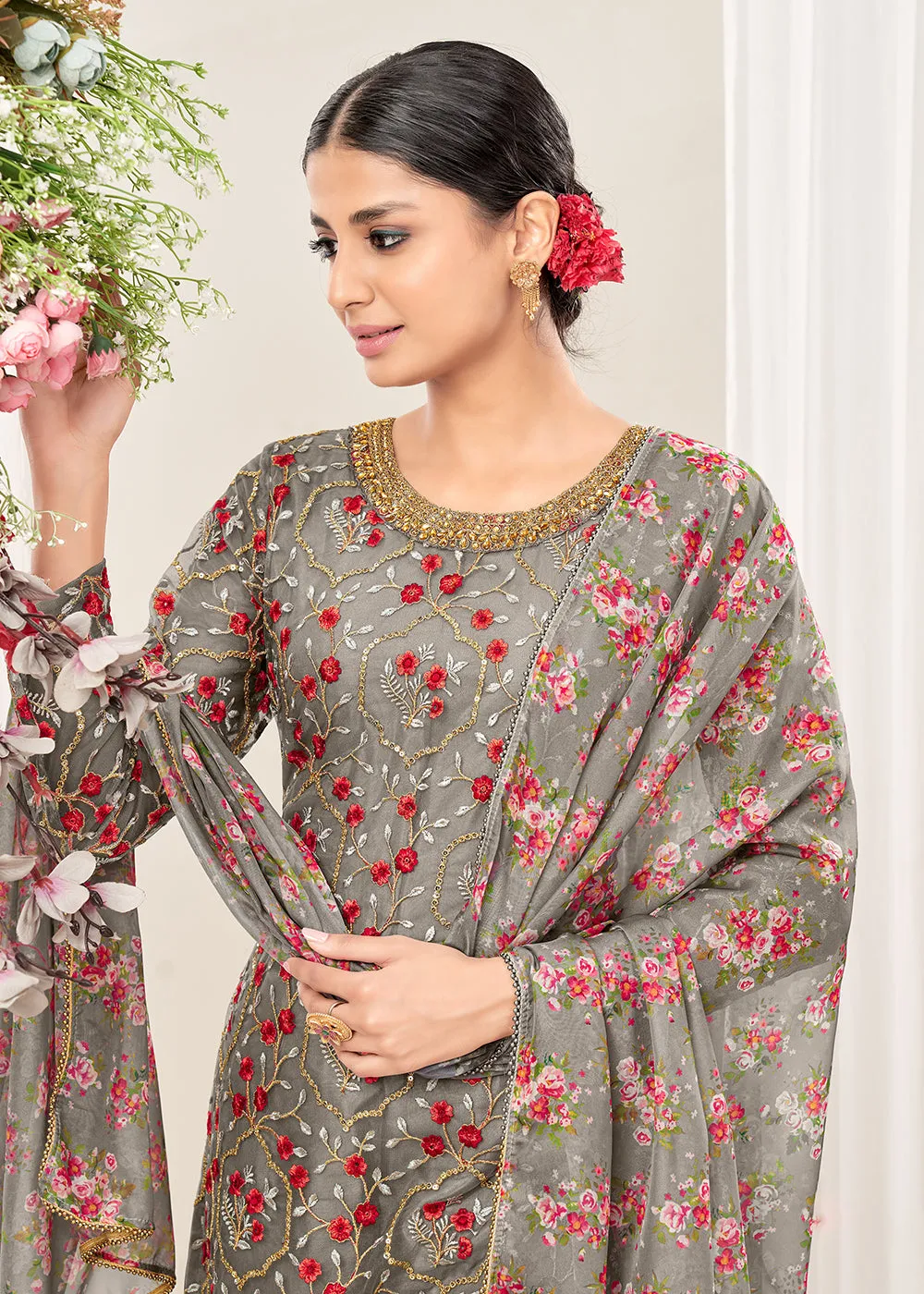 Vivid Grey Festive Look Net Patiala Salwar Suit