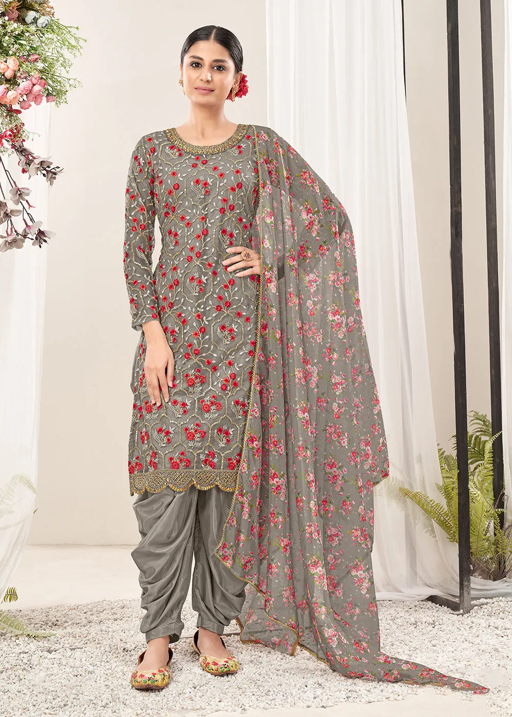 Vivid Grey Festive Look Net Patiala Salwar Suit