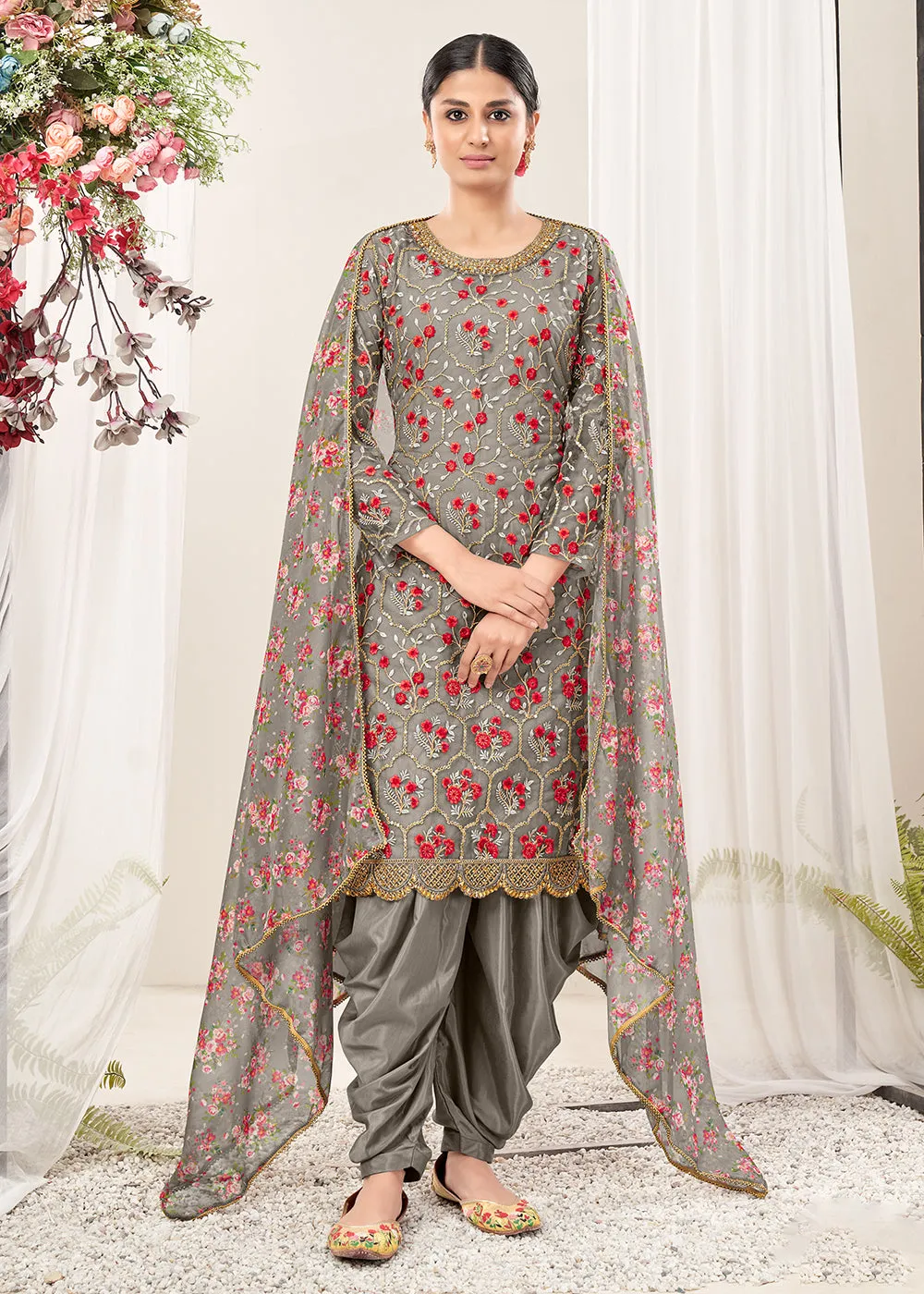 Vivid Grey Festive Look Net Patiala Salwar Suit