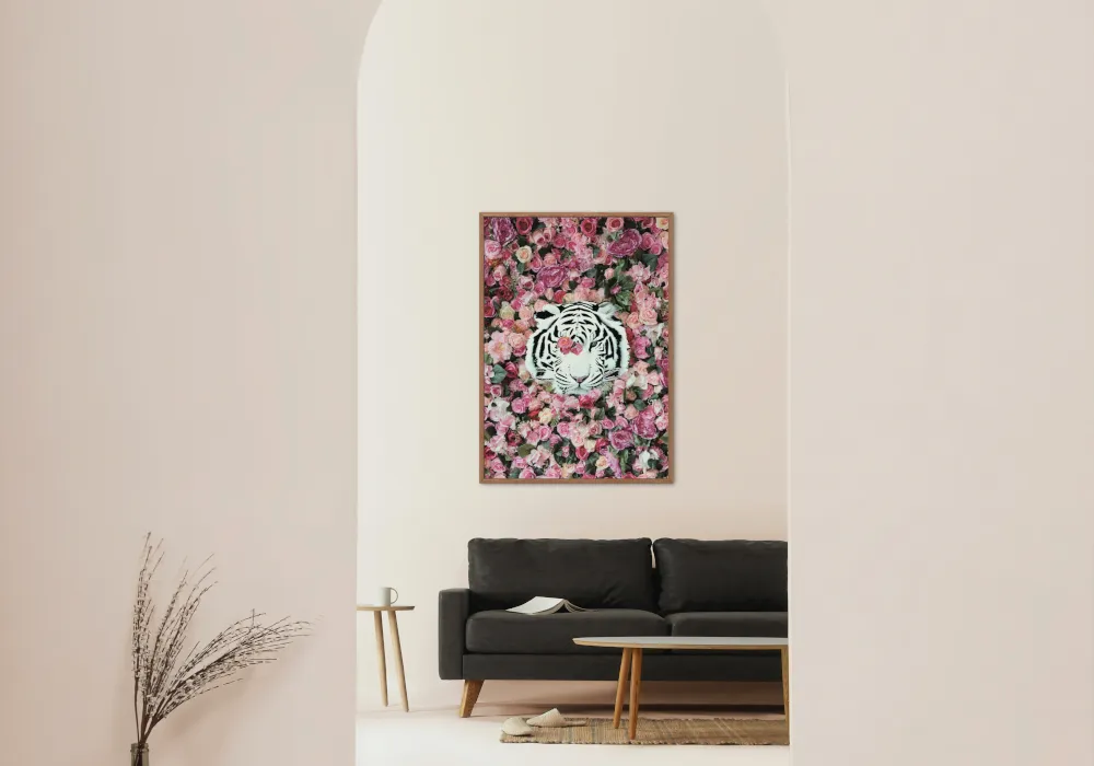 White Tiger Around Pink Roses Poster INSTANT DOWNLOAD Art Print, Glam Decor, Luxury Fashion Poster, White Tiger Poster, Pink Aesthetic Posters