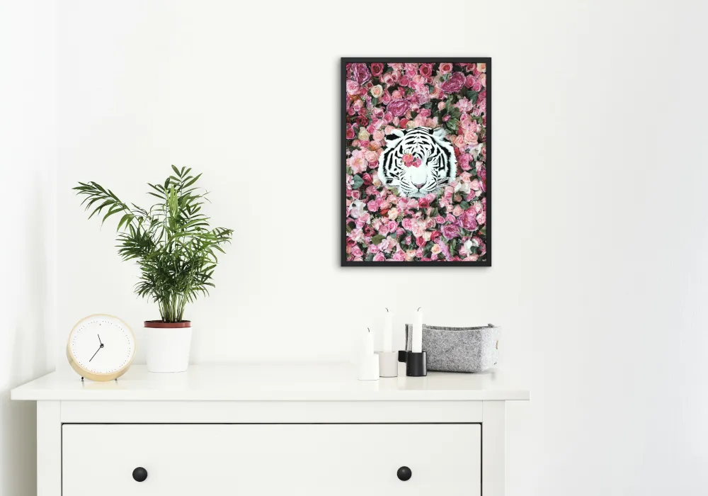 White Tiger Around Pink Roses Poster INSTANT DOWNLOAD Art Print, Glam Decor, Luxury Fashion Poster, White Tiger Poster, Pink Aesthetic Posters