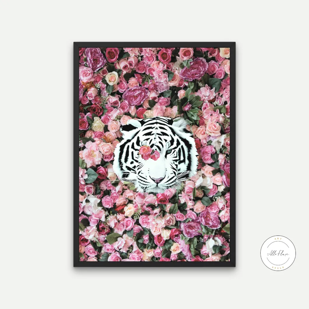 White Tiger Around Pink Roses Poster INSTANT DOWNLOAD Art Print, Glam Decor, Luxury Fashion Poster, White Tiger Poster, Pink Aesthetic Posters