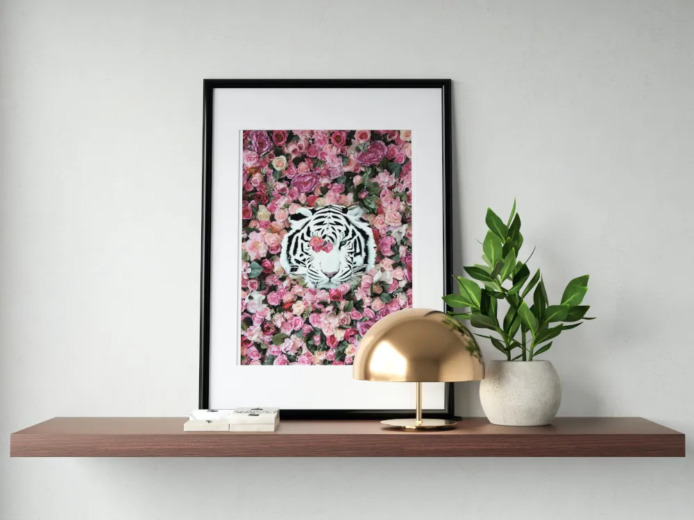 White Tiger Around Pink Roses Poster INSTANT DOWNLOAD Art Print, Glam Decor, Luxury Fashion Poster, White Tiger Poster, Pink Aesthetic Posters