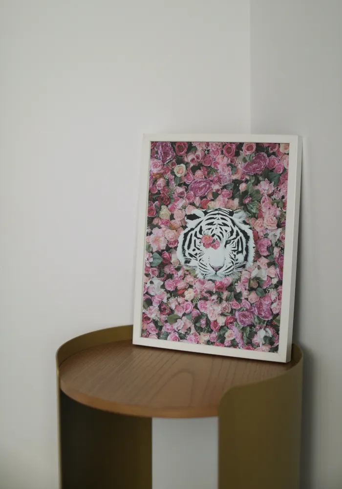 White Tiger Around Pink Roses Poster INSTANT DOWNLOAD Art Print, Glam Decor, Luxury Fashion Poster, White Tiger Poster, Pink Aesthetic Posters