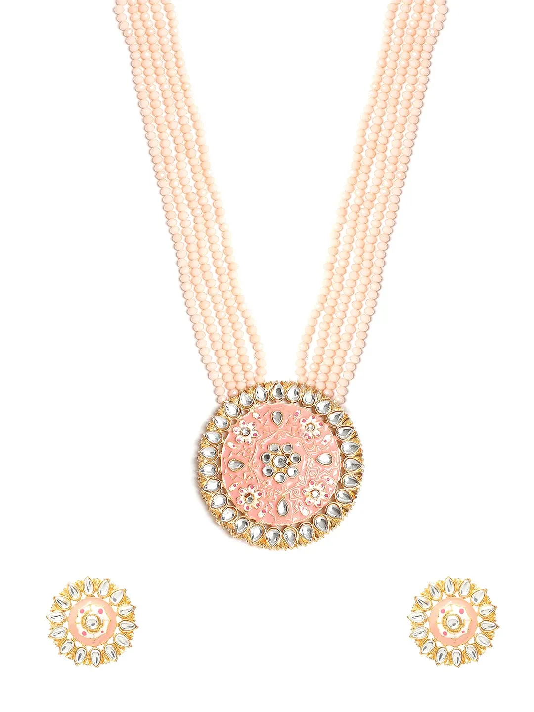 Yellow Chimes Kundan Jewellery Set for Women Traditional Peach Beads Meenakari Worked Gold Plated Long Necklace Set for Women and Girls.