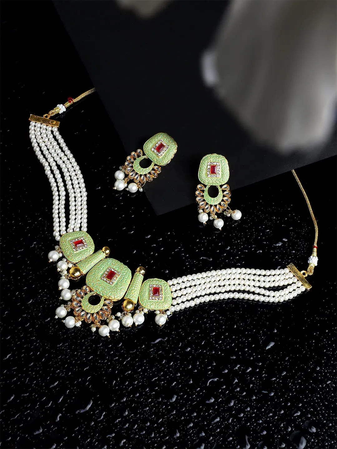 Yellow Chimes Traditional Jewellery Set for Women Ethnic Multilayer Green Necklace Set Meenakari Worked Kundan Jewellery Set for Women and Girls