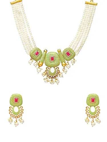 Yellow Chimes Traditional Jewellery Set for Women Ethnic Multilayer Green Necklace Set Meenakari Worked Kundan Jewellery Set for Women and Girls