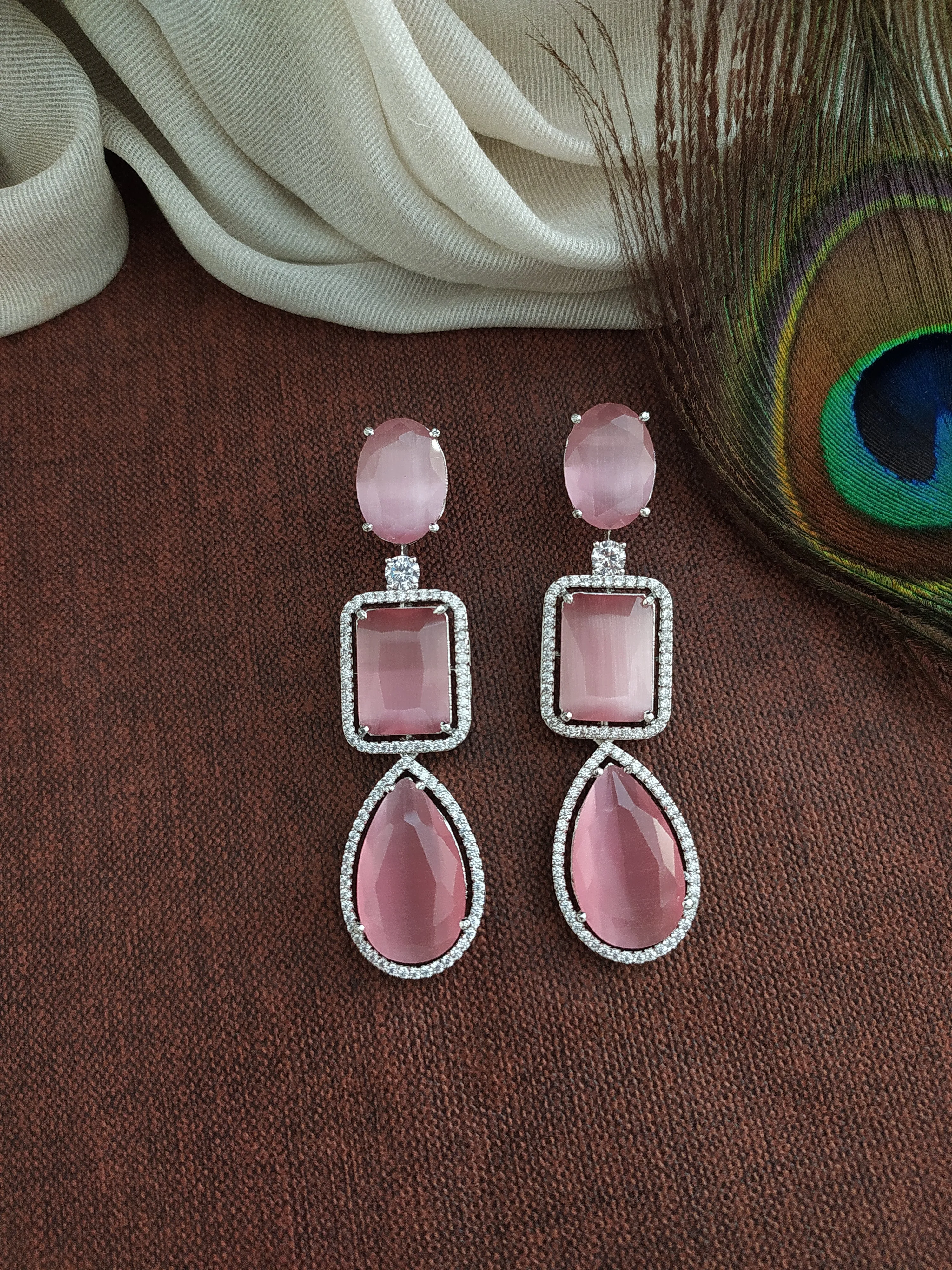 Zircon Big Stone Layered Necklace Set with Matching Dangling Earrings – Available in Baby Pink & Blue